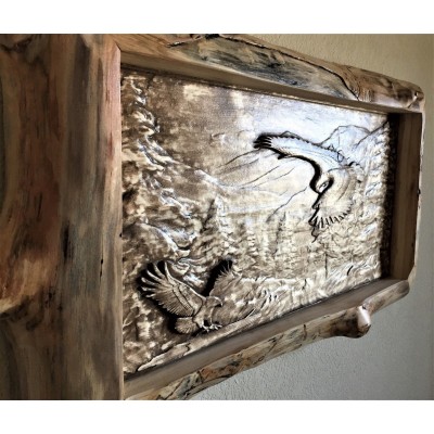 2 Eagles Wood Carving with Log Frame all in Aspen    Rustic Lodge Cabin Decor   232743646945